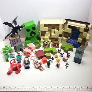 Minecraft Adventure Figures Lot Creeper Dragon Pigs Case Boxes Steve Ocelot Cows